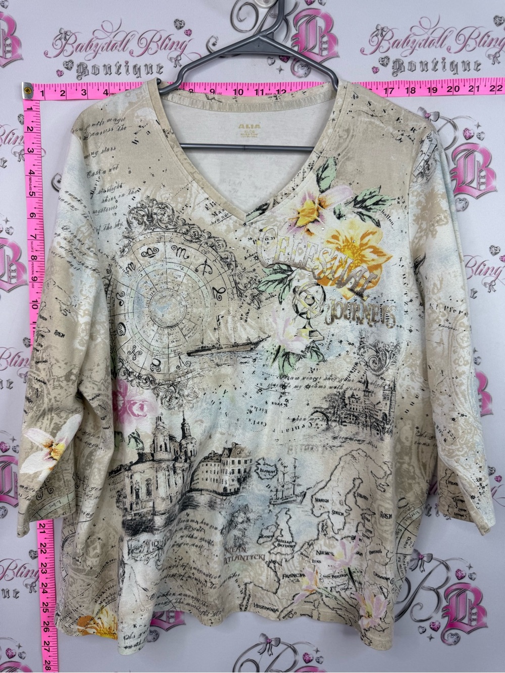 Alia horoscope shirt Beige Floral Map Print V-Neck Women's Top